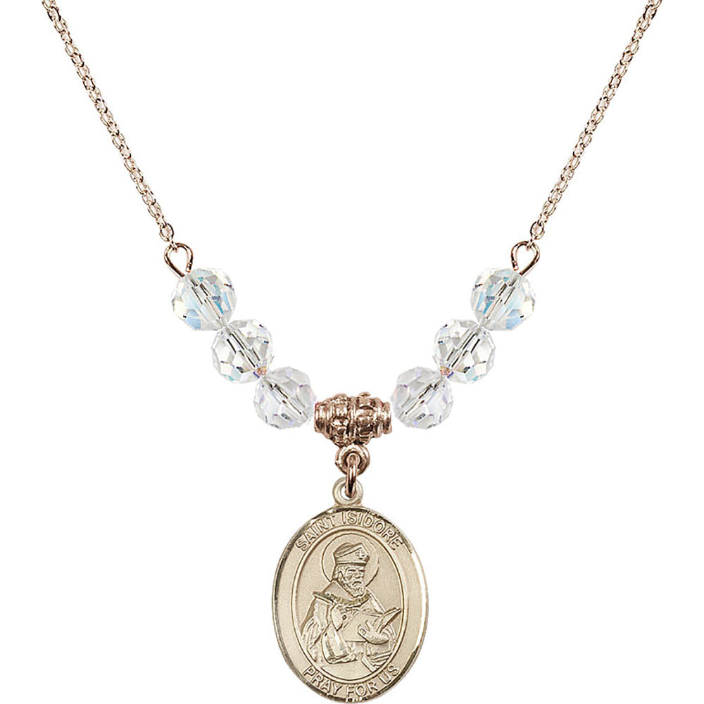 14kt Gold Filled Saint Isidore of Seville Birthstone Necklace with Crystal Beads - 8049