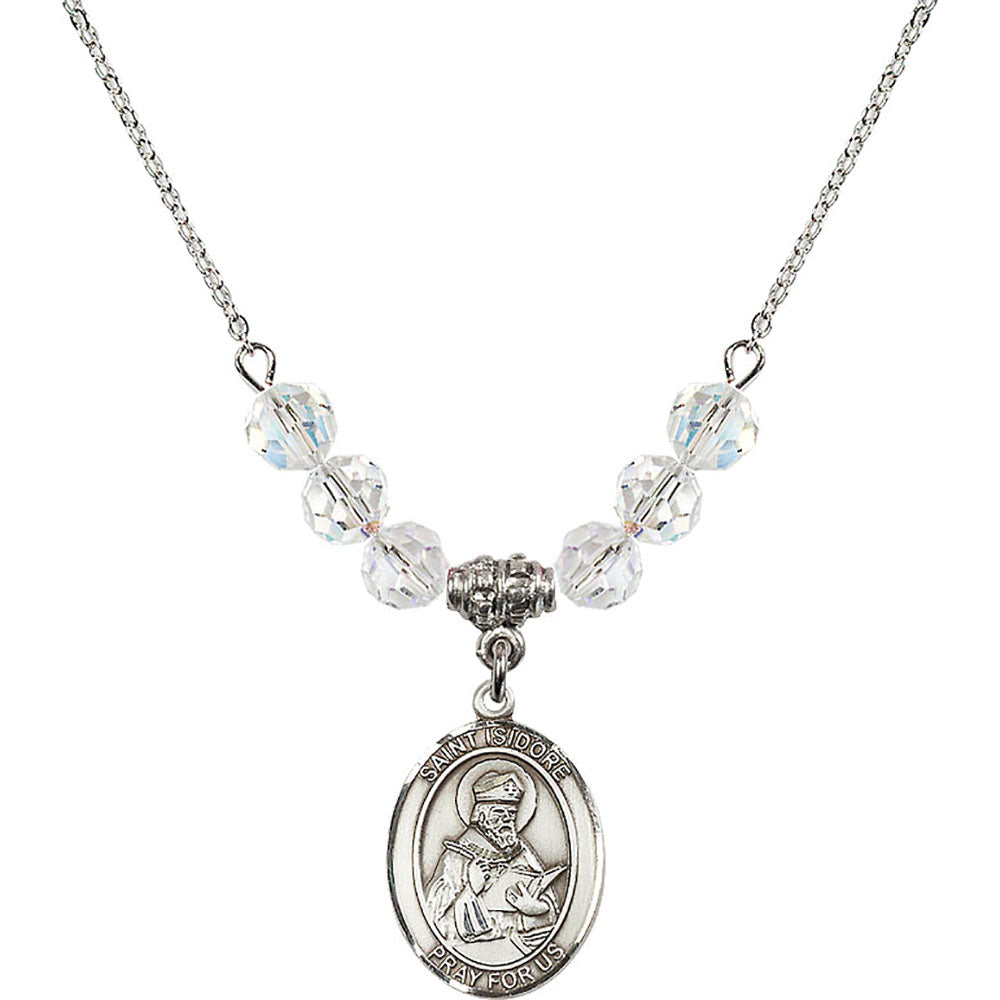 Sterling Silver Saint Isidore of Seville Birthstone Necklace with Crystal Beads - 8049