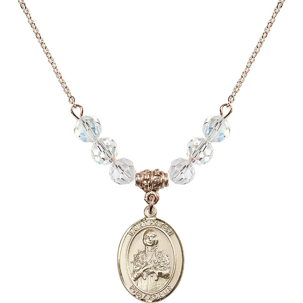 14kt Gold Filled Saint Kateri Tekakwitha Birthstone Necklace with Crystal Beads - 8061