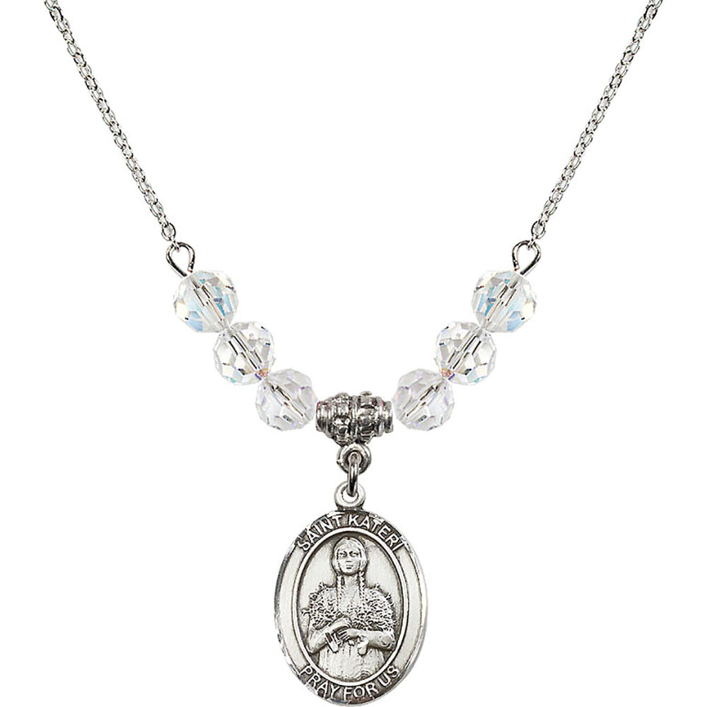 Sterling Silver Saint Kateri Tekakwitha Birthstone Necklace with Crystal Beads - 8061