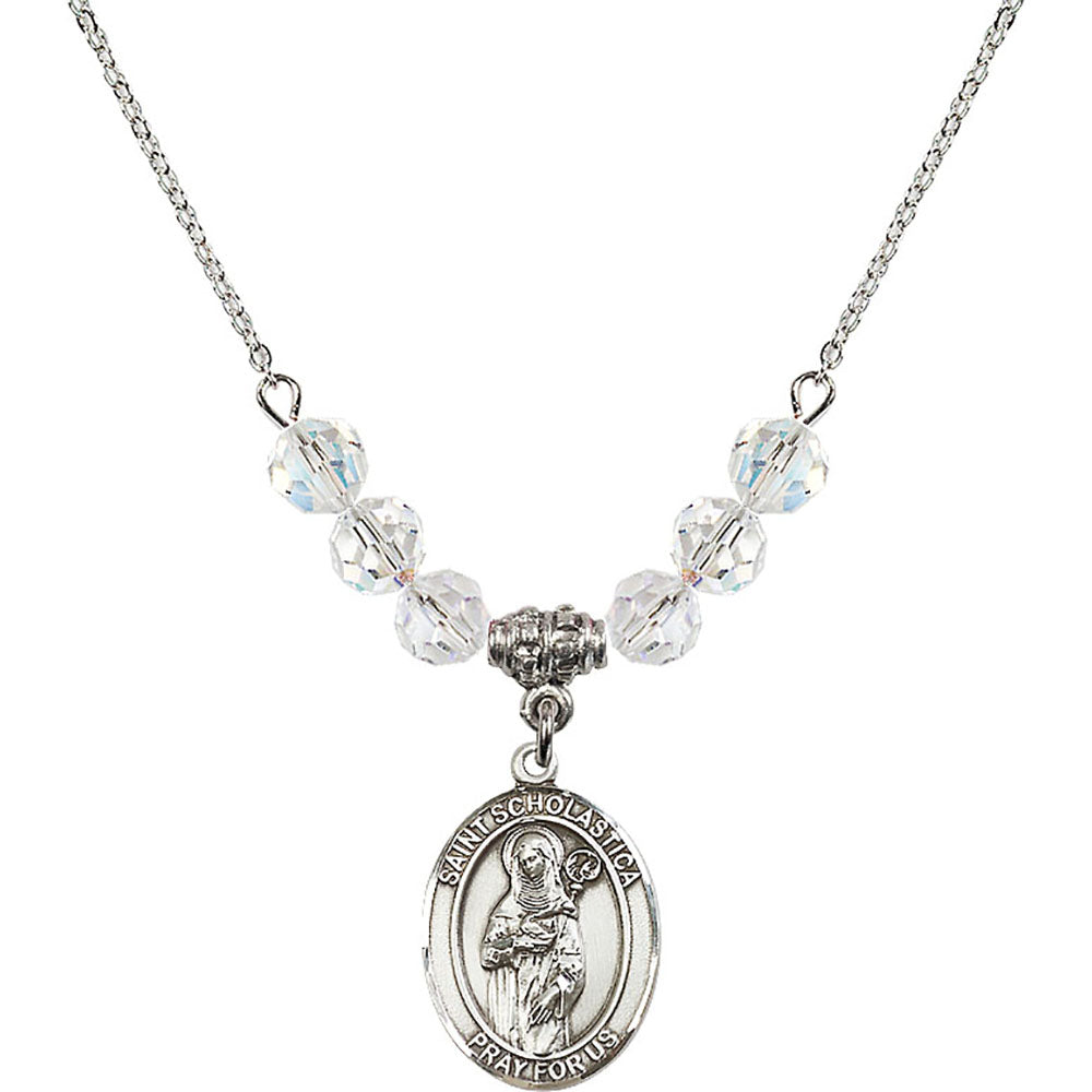 Sterling Silver Saint Scholastica Birthstone Necklace with Crystal Beads - 8099