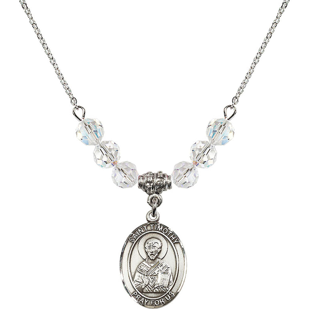Sterling Silver Saint Timothy Birthstone Necklace with Crystal Beads - 8105