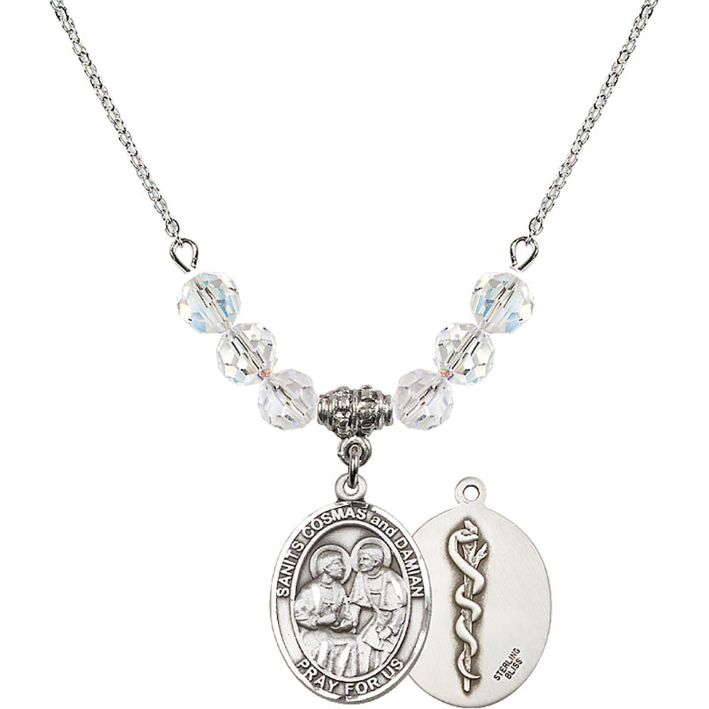 Sterling Silver Saints Cosmas & Damian / Doctors Birthstone Necklace with Crystal Beads - 8132