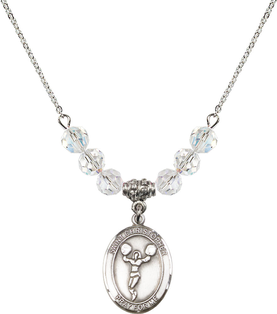 Sterling Silver Saint Christopher/Cheerleading Birthstone Necklace with Crystal Beads - 8140