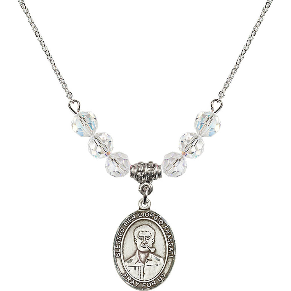 Sterling Silver Blessed Pier Giorgio Frassati Birthstone Necklace with Crystal Beads - 8278