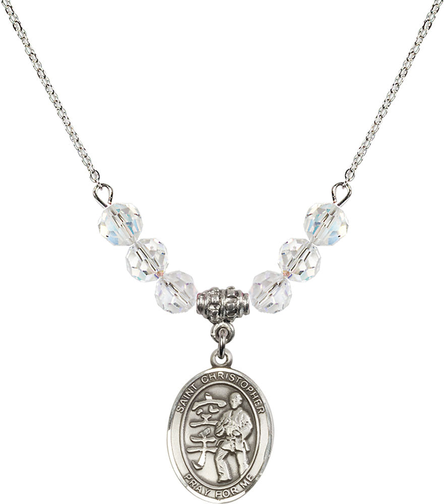 Sterling Silver Saint Christopher / Karate Birthstone Necklace with Crystal Beads - 8515