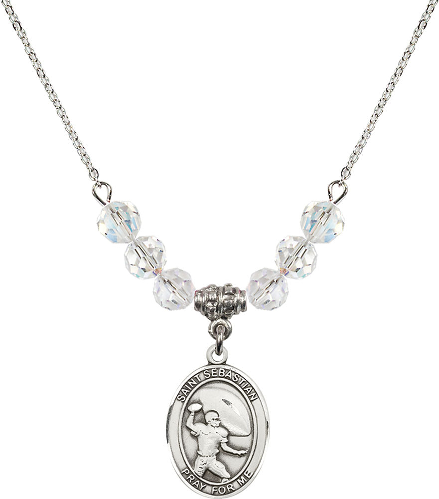 Sterling Silver Saint Sebastian / Football Birthstone Necklace with Crystal Beads - 8601