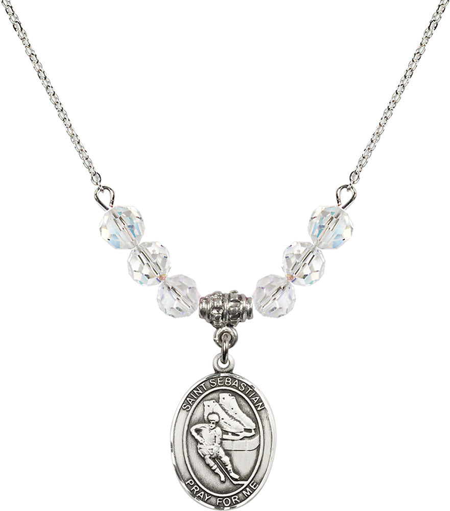 Sterling Silver Saint Sebastian / Hockey Birthstone Necklace with Crystal Beads - 8604