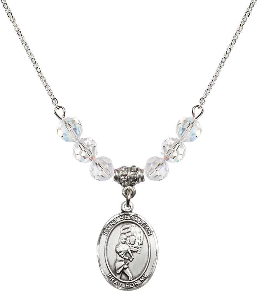 Sterling Silver Saint Sebastian/Softball Birthstone Necklace with Crystal Beads - 8607