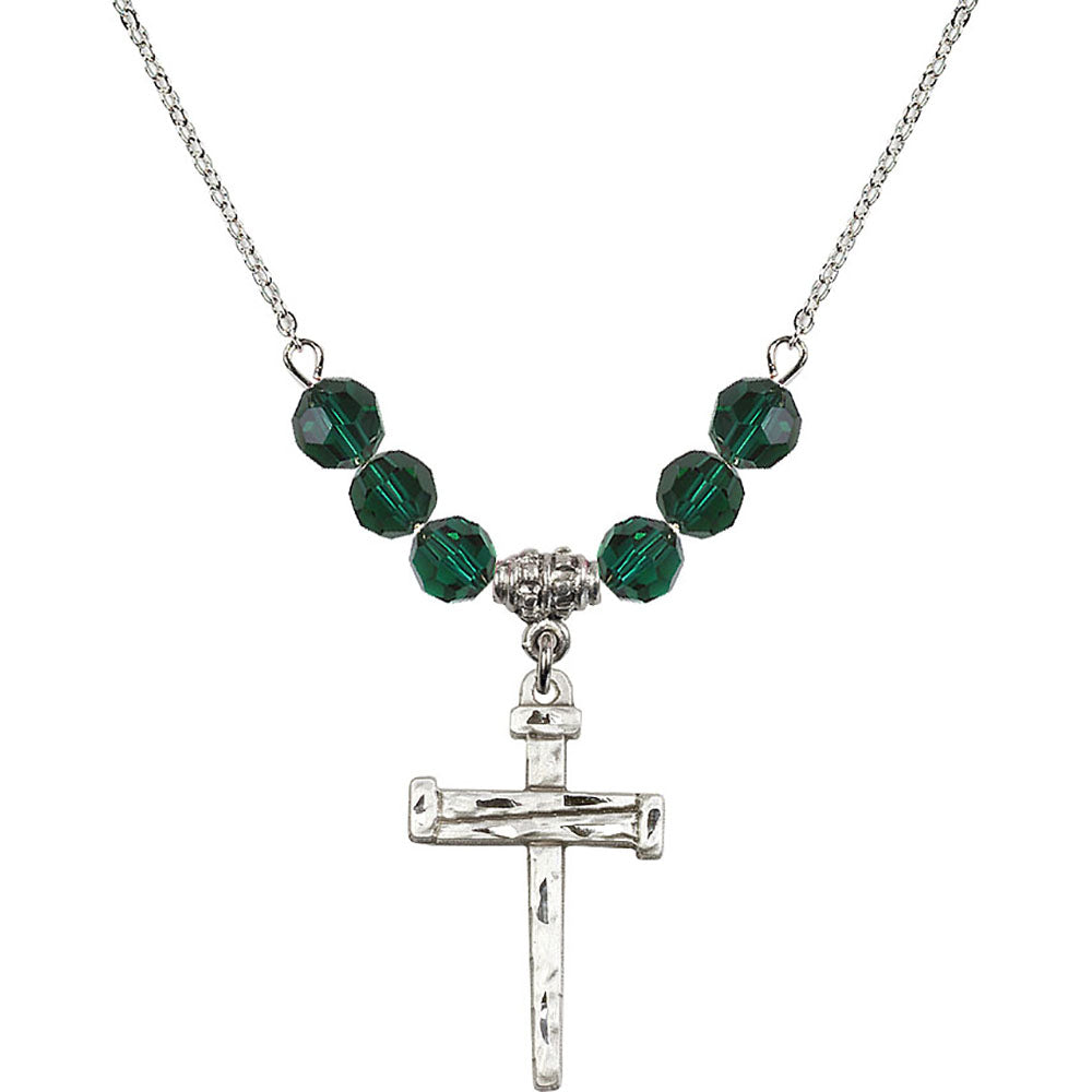 Sterling Silver Nail Cross Birthstone Necklace with Emerald Beads - 0013