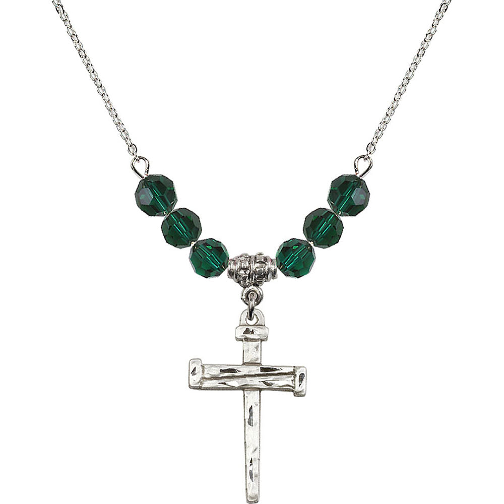Sterling Silver Nail Cross Birthstone Necklace with Emerald Beads - 0013