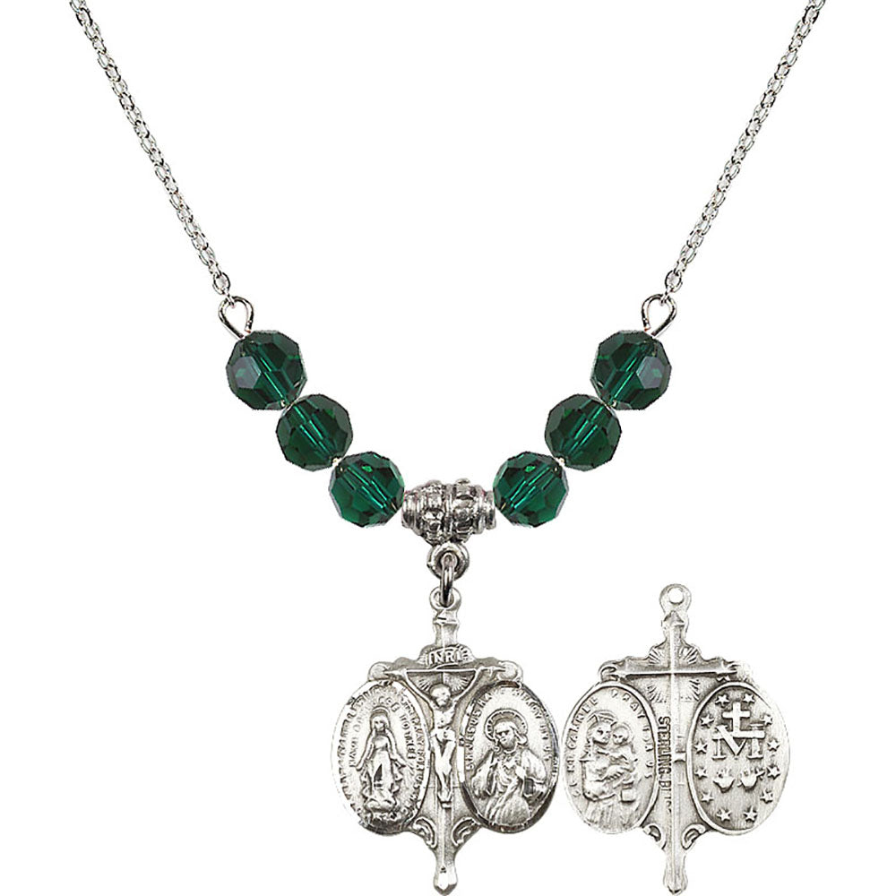 Sterling Silver Novena Birthstone Necklace with Emerald Beads - 0021