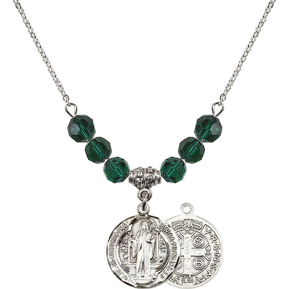 Sterling Silver Saint Benedict Birthstone Necklace with Emerald Beads - 0026