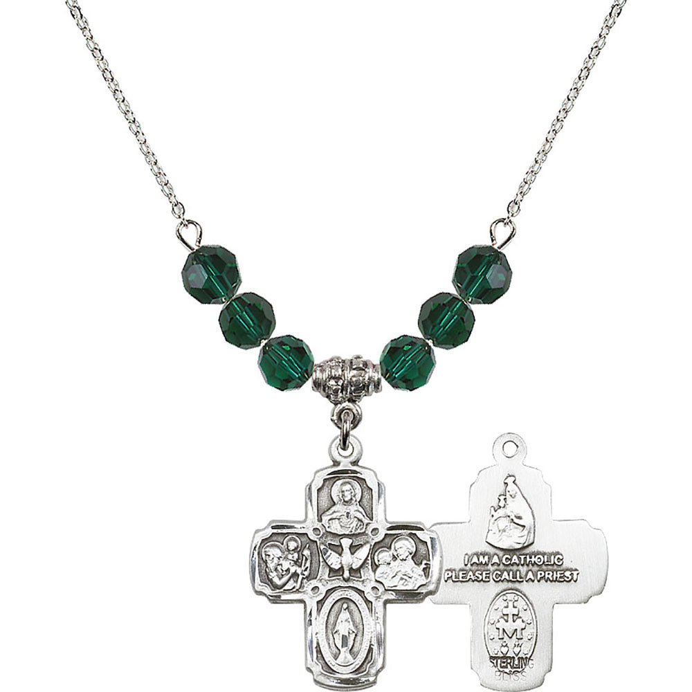 Sterling Silver 5-Way Birthstone Necklace with Emerald Beads - 0041