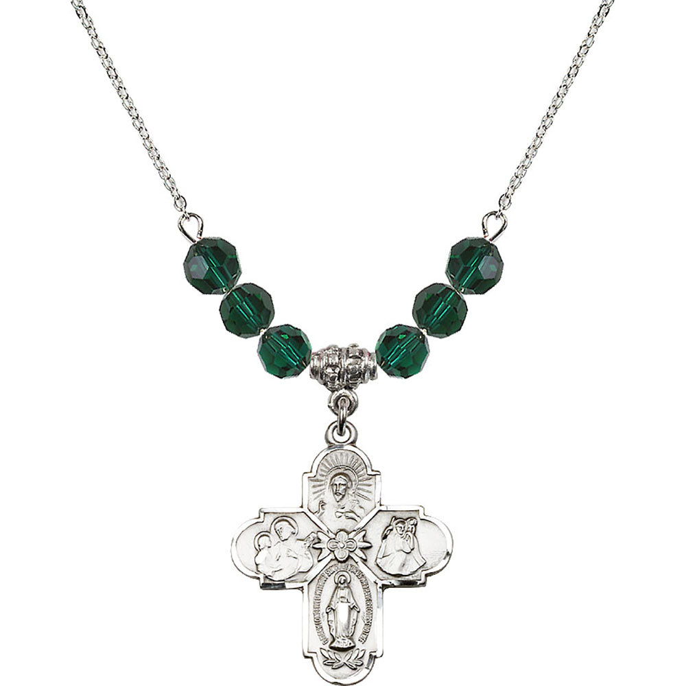 Sterling Silver 4-Way Birthstone Necklace with Emerald Beads - 0043