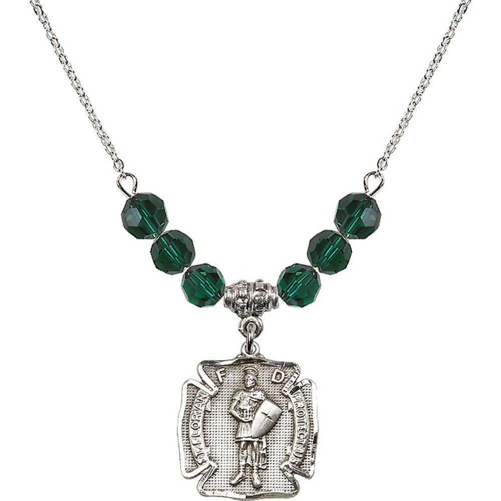 Sterling Silver Saint Florian Birthstone Necklace with Emerald Beads - 0070