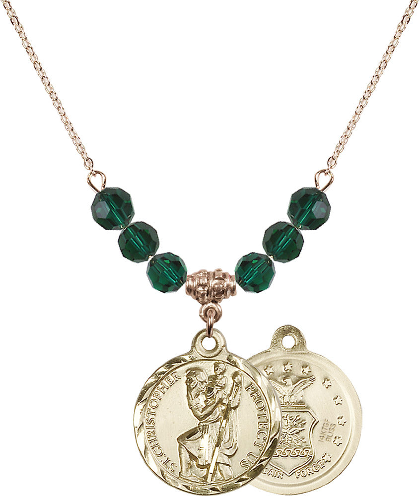 14kt Gold Filled Saint Christopher / Air Force Birthstone Necklace with Emerald Beads - 0192
