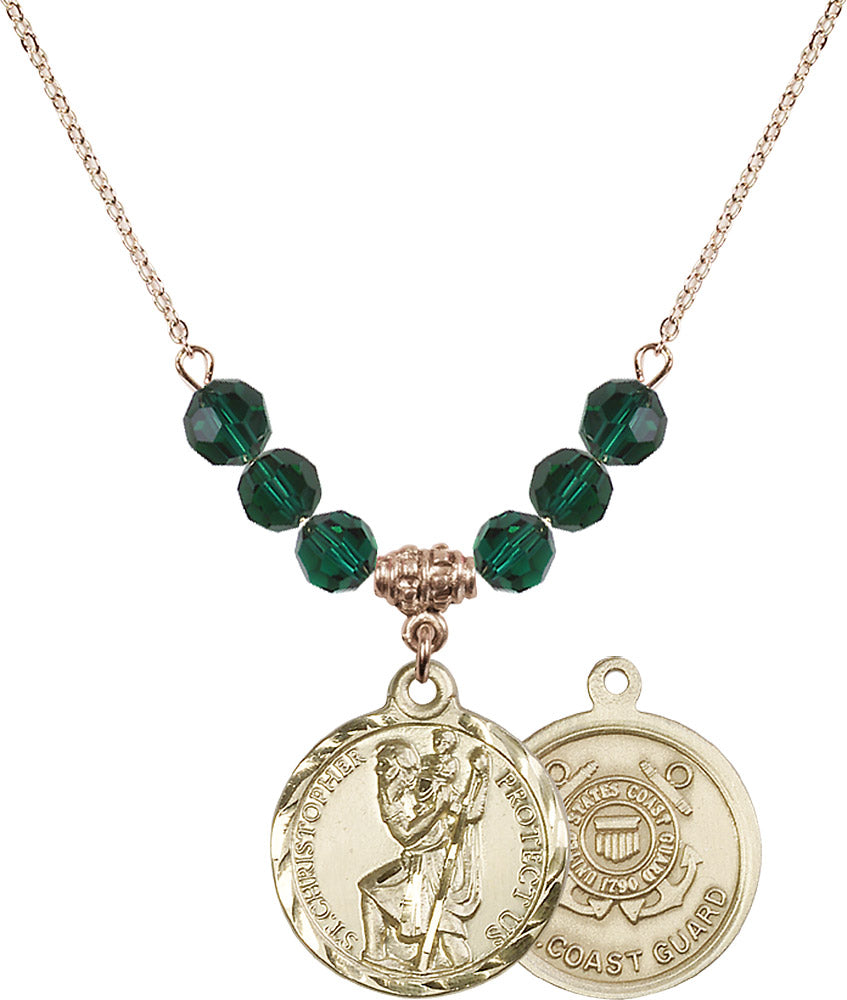 14kt Gold Filled Saint Christopher / Coast Guard Birthstone Necklace with Emerald Beads - 0192