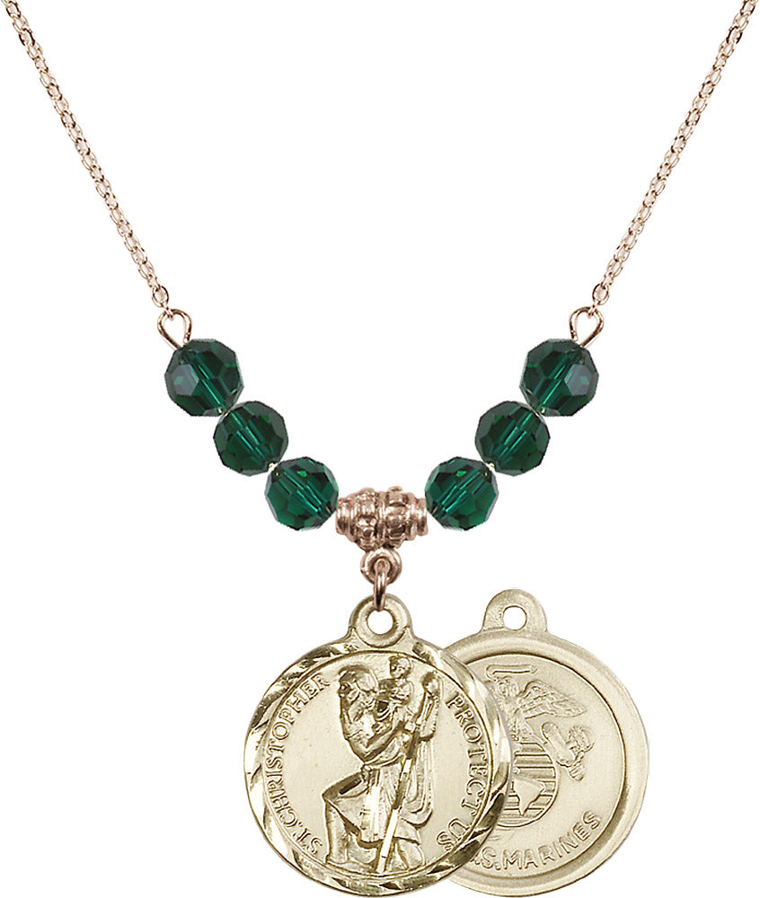 14kt Gold Filled Saint Christopher / Marines Birthstone Necklace with Emerald Beads - 0192