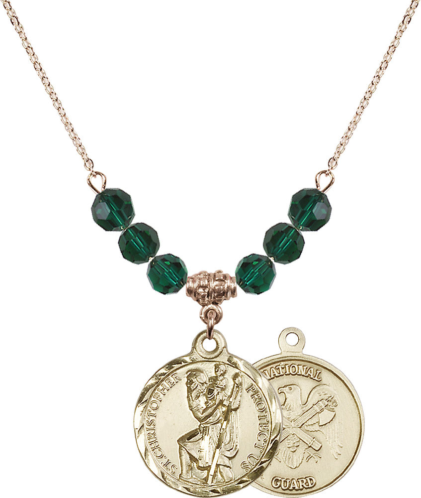 14kt Gold Filled Saint Christopher / Nat'l Guard Birthstone Necklace with Emerald Beads - 0192