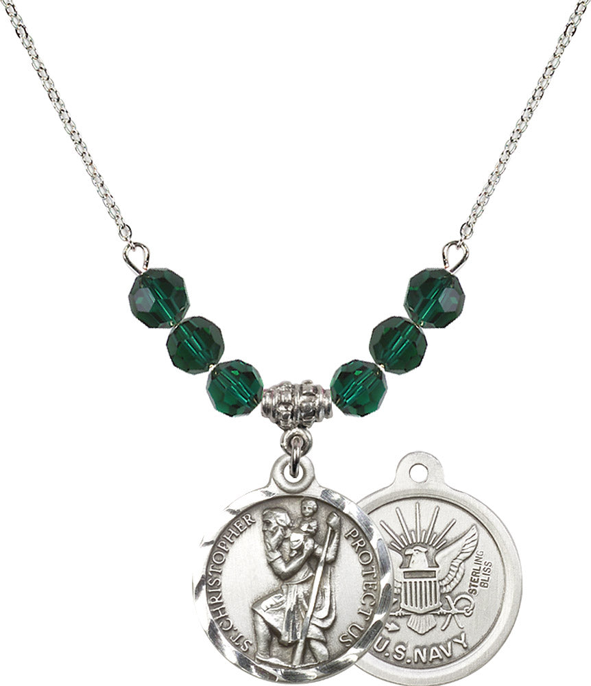 Sterling Silver Saint Christopher / Navy Birthstone Necklace with Emerald Beads - 0192