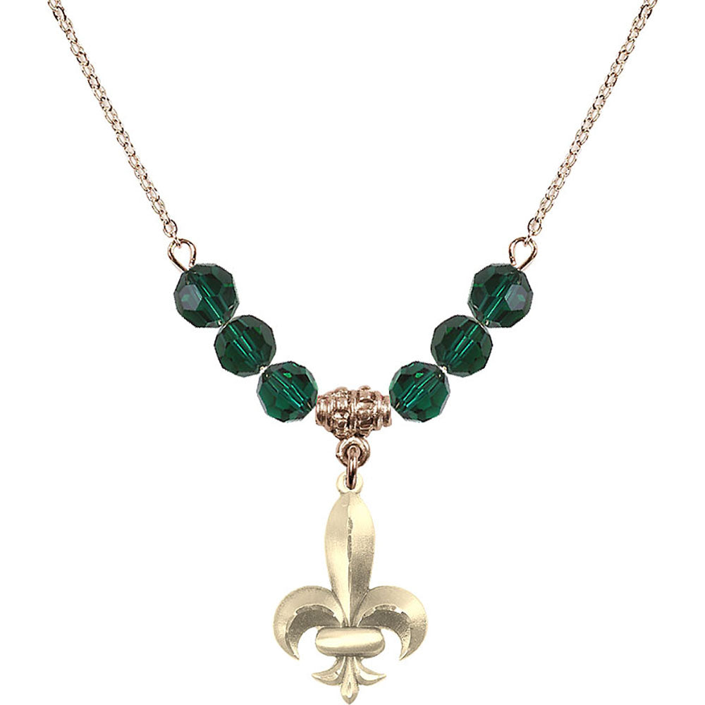 14kt Gold Filled Fleur de Lis Birthstone Necklace with Emerald Beads - 0294