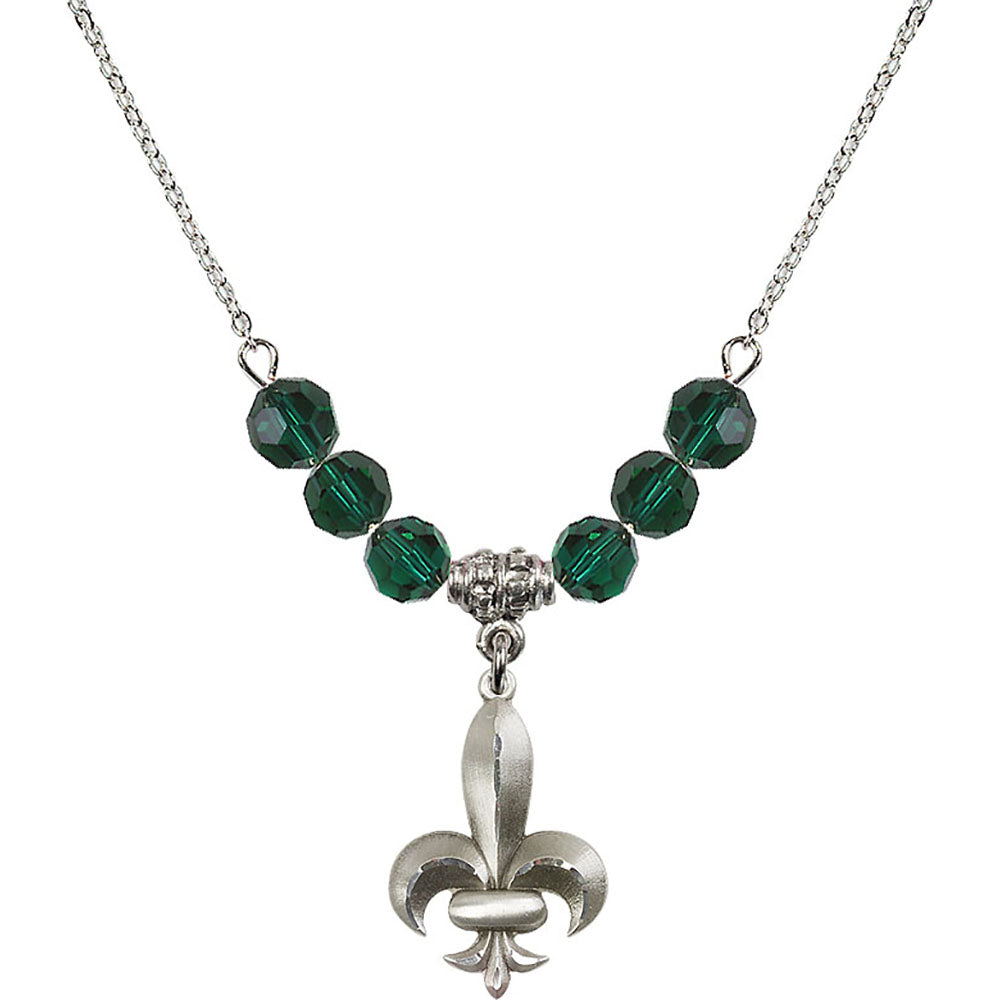 Sterling Silver Fleur de Lis Birthstone Necklace with Emerald Beads - 0294