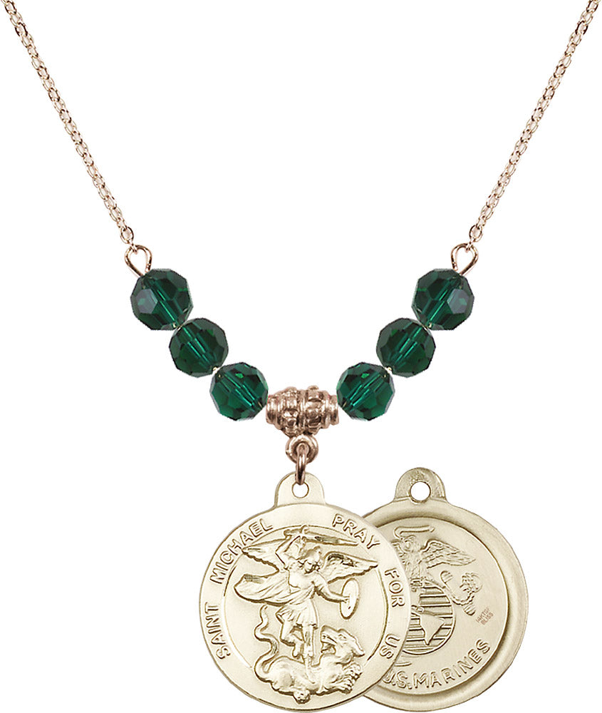 14kt Gold Filled Saint Michael / Marines Birthstone Necklace with Emerald Beads - 0342