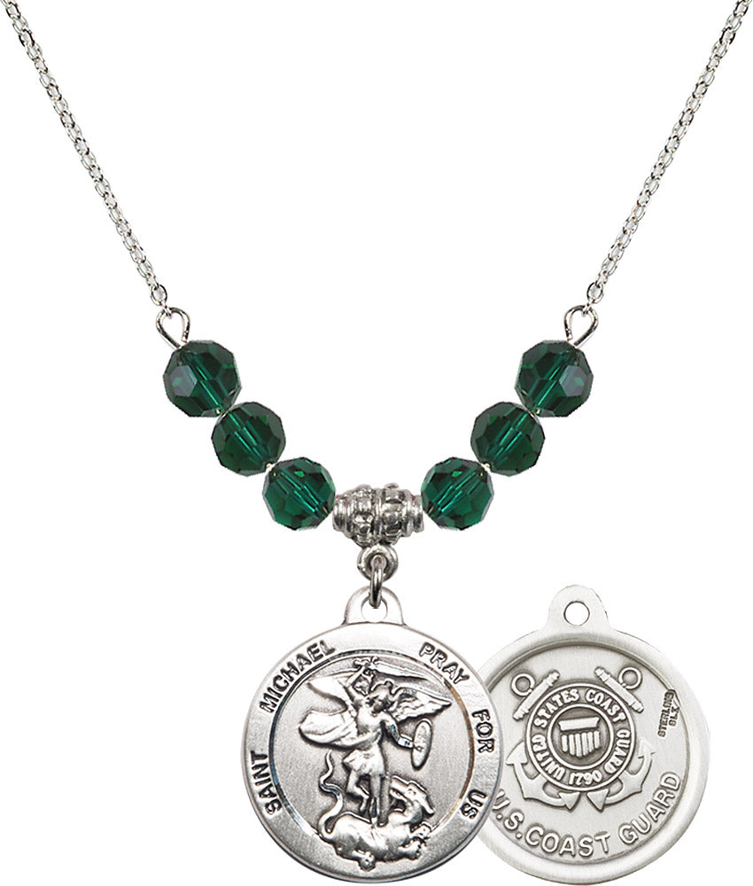 Sterling Silver Saint Michael / Coast Guard Birthstone Necklace with Emerald Beads - 0342