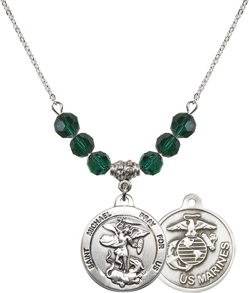 Sterling Silver Saint Michael / Marines Birthstone Necklace with Emerald Beads - 0342