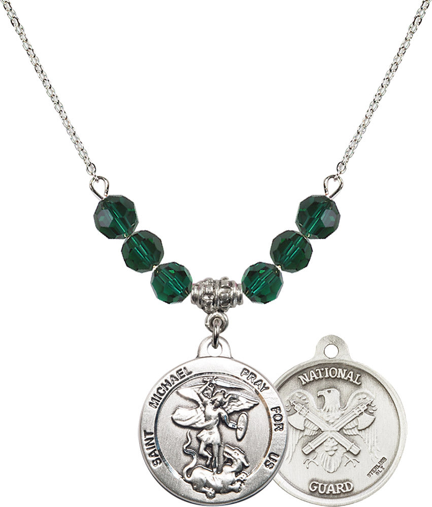 Sterling Silver Saint Michael / Nat'l Guard Birthstone Necklace with Emerald Beads - 0342