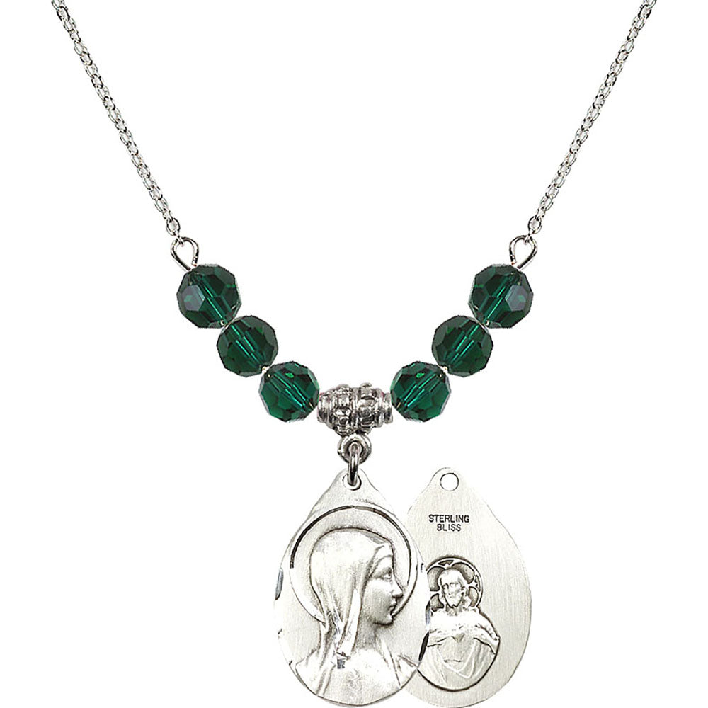 Sterling Silver Sorrowful Mother Birthstone Necklace with Emerald Beads - 0599