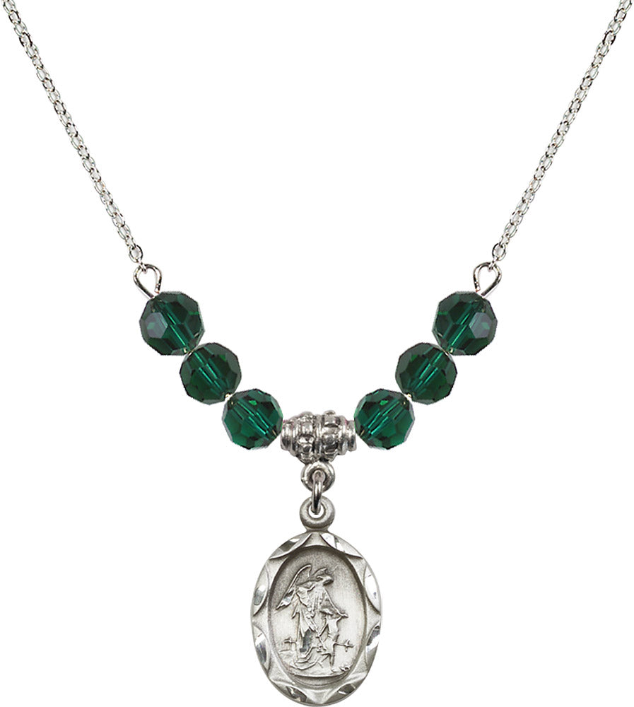 Sterling Silver Guardian Angel Birthstone Necklace with Emerald Beads - 0612