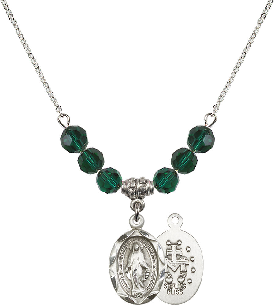 Sterling Silver Miraculous Birthstone Necklace with Emerald Beads - 0612