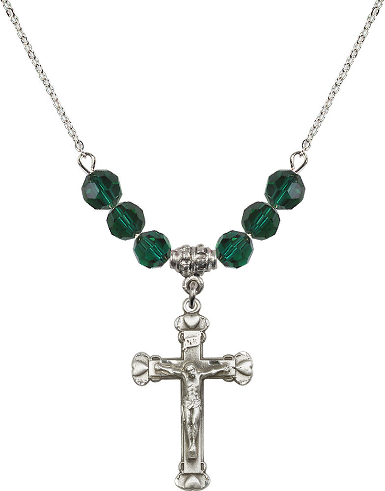 Sterling Silver Crucifix Birthstone Necklace with Emerald Beads - 0620