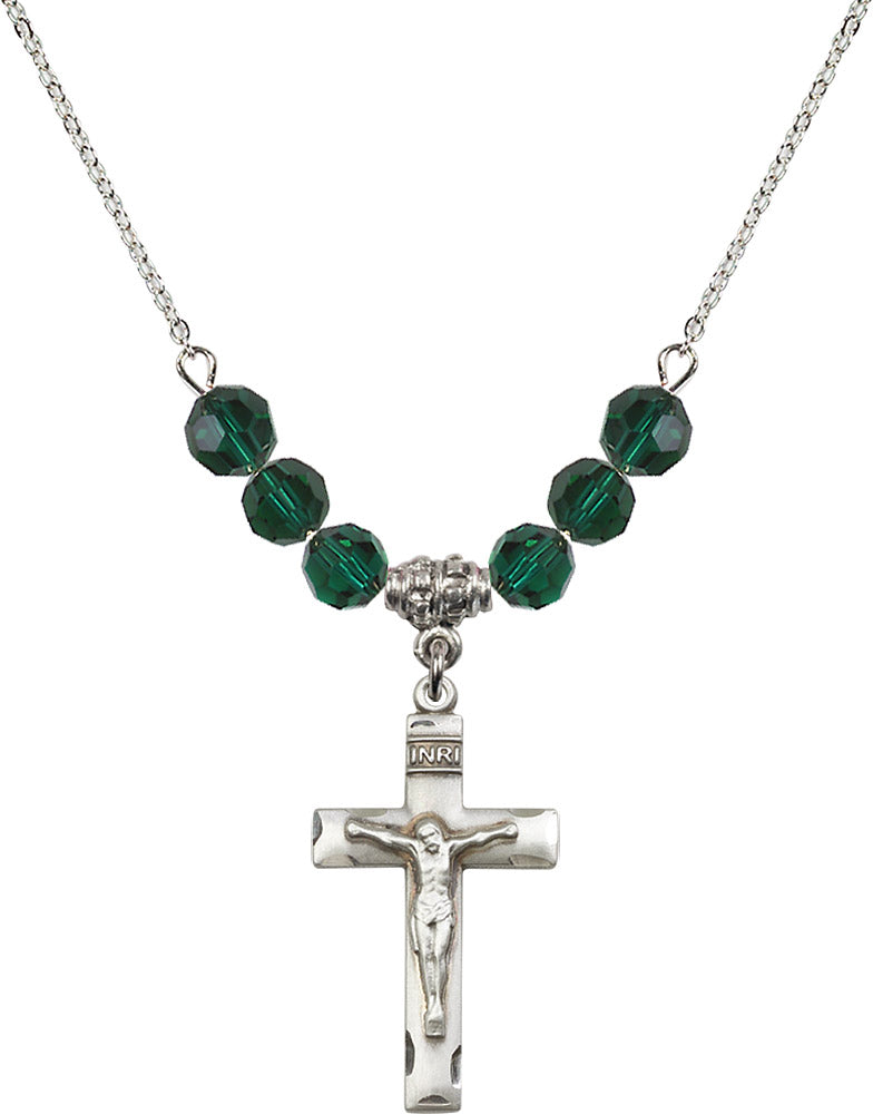 Sterling Silver Crucifix Birthstone Necklace with Emerald Beads - 0624