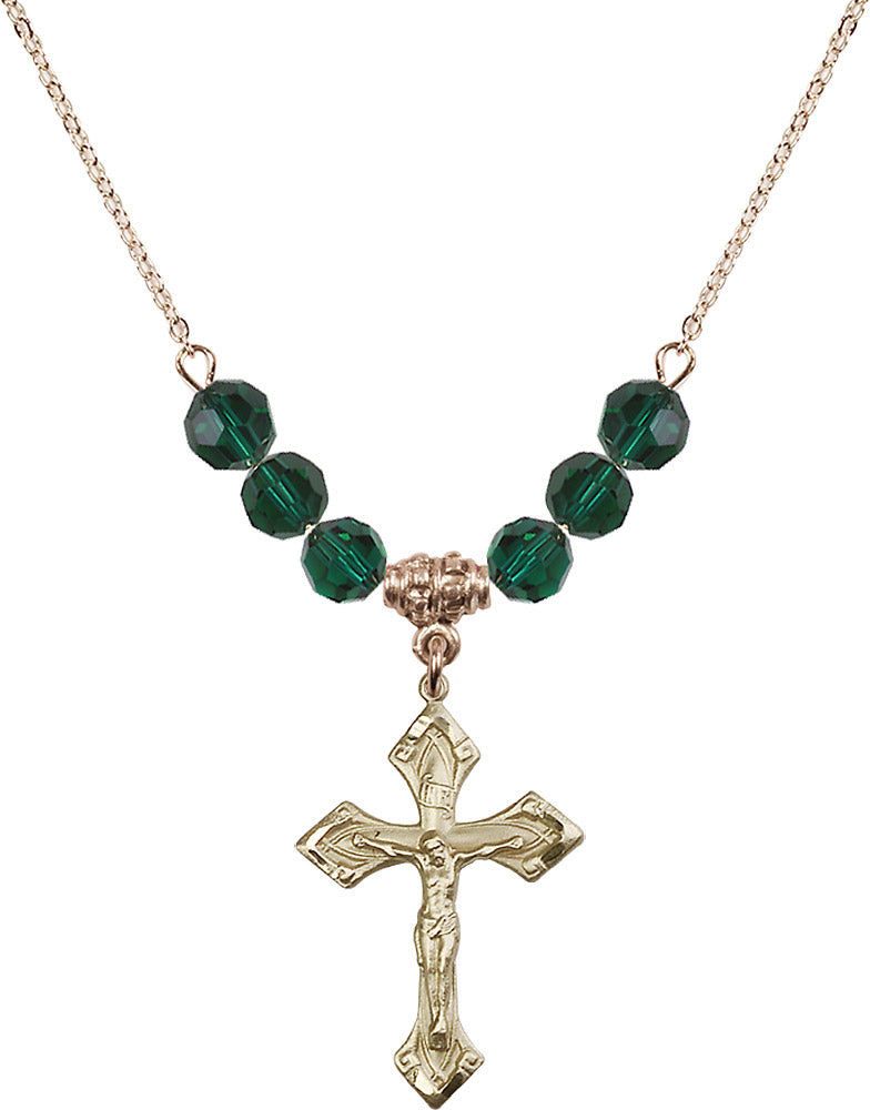 14kt Gold Filled Crucifix Birthstone Necklace with Emerald Beads - 0663