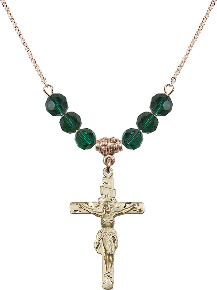 14kt Gold Filled Crucifix Birthstone Necklace with Emerald Beads - 0668