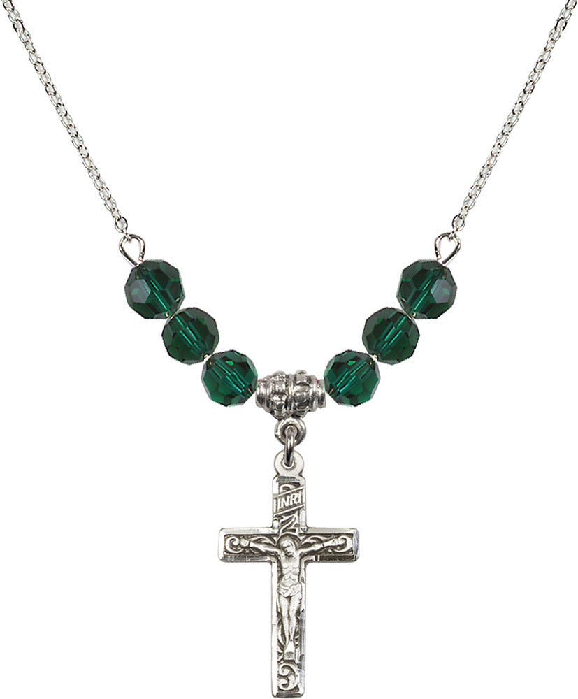 Sterling Silver Crucifix Birthstone Necklace with Emerald Beads - 0673