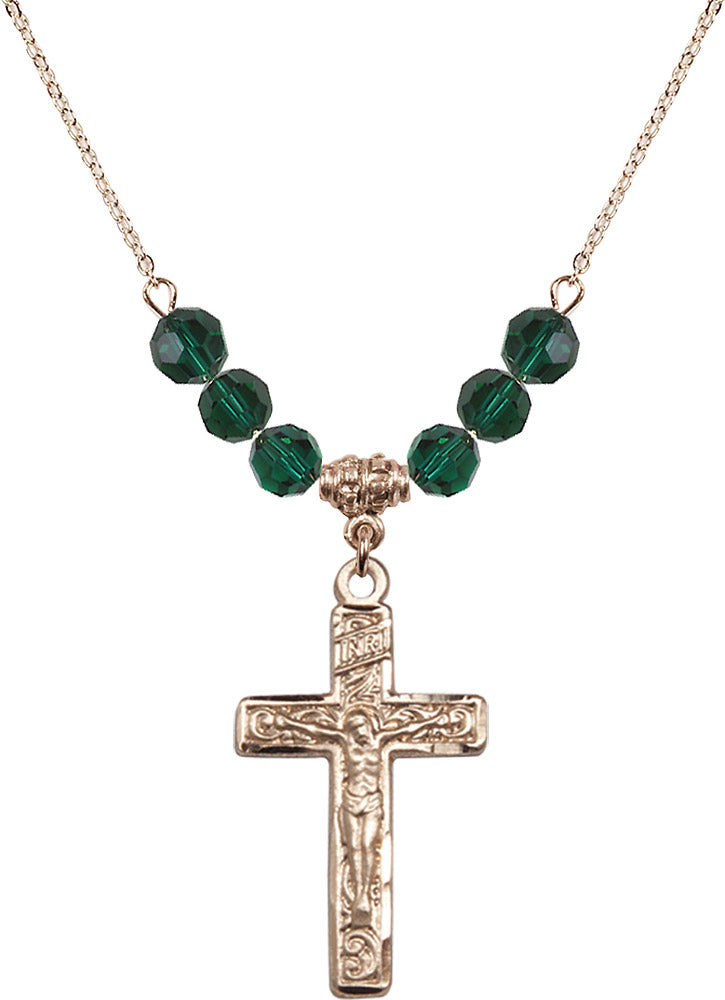 14kt Gold Filled Crucifix Birthstone Necklace with Emerald Beads - 0674