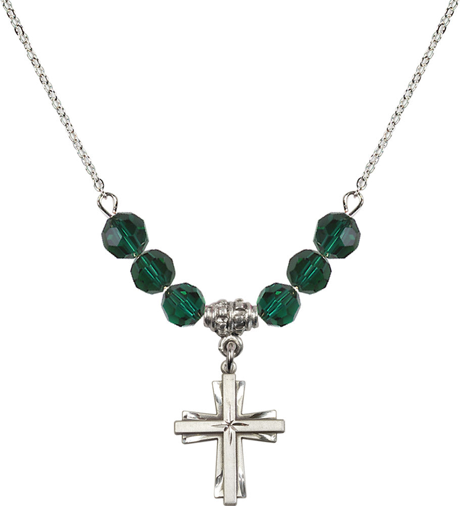 Sterling Silver Cross Birthstone Necklace with Emerald Beads - 0675