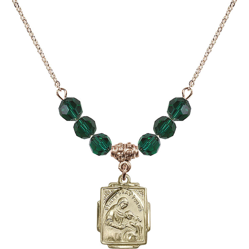 14kt Gold Filled Saint Ann Birthstone Necklace with Emerald Beads - 0804