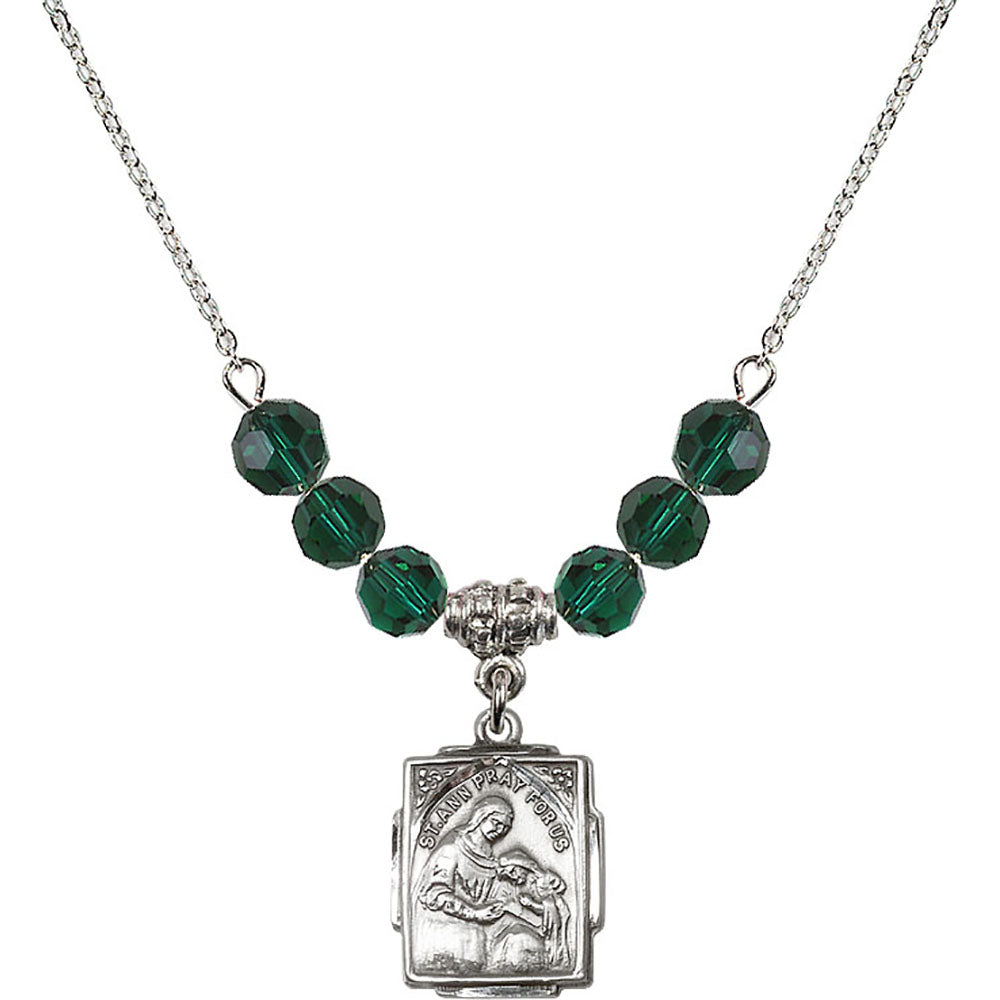 Sterling Silver Saint Ann Birthstone Necklace with Emerald Beads - 0804