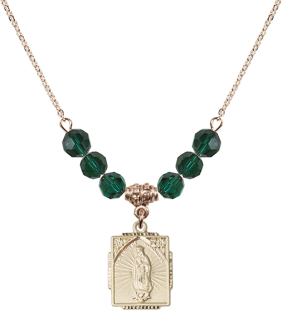 14kt Gold Filled Our Lady of Guadalupe Birthstone Necklace with Emerald Beads - 0804