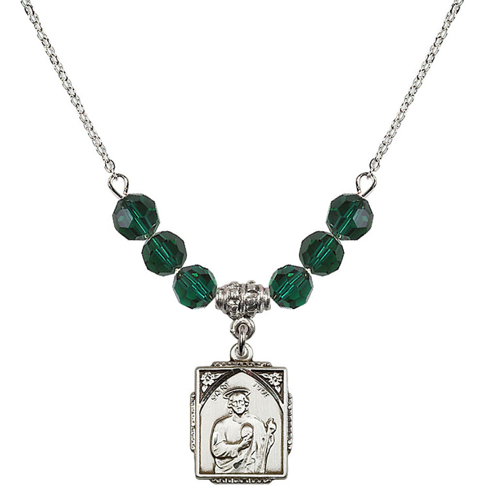 Sterling Silver Saint Jude Birthstone Necklace with Emerald Beads - 0804