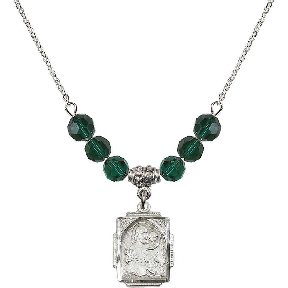 Sterling Silver Saint Joseph Birthstone Necklace with Emerald Beads - 0804