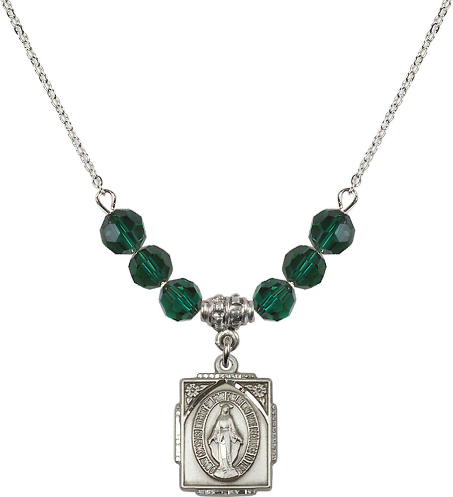 Sterling Silver Miraculous Birthstone Necklace with Emerald Beads - 0804
