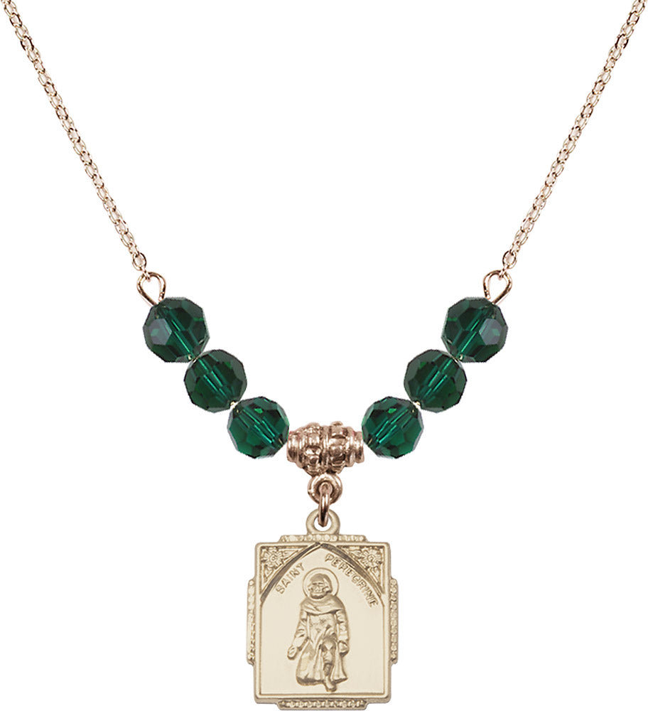 14kt Gold Filled Saint Peregrine Birthstone Necklace with Emerald Beads - 0804