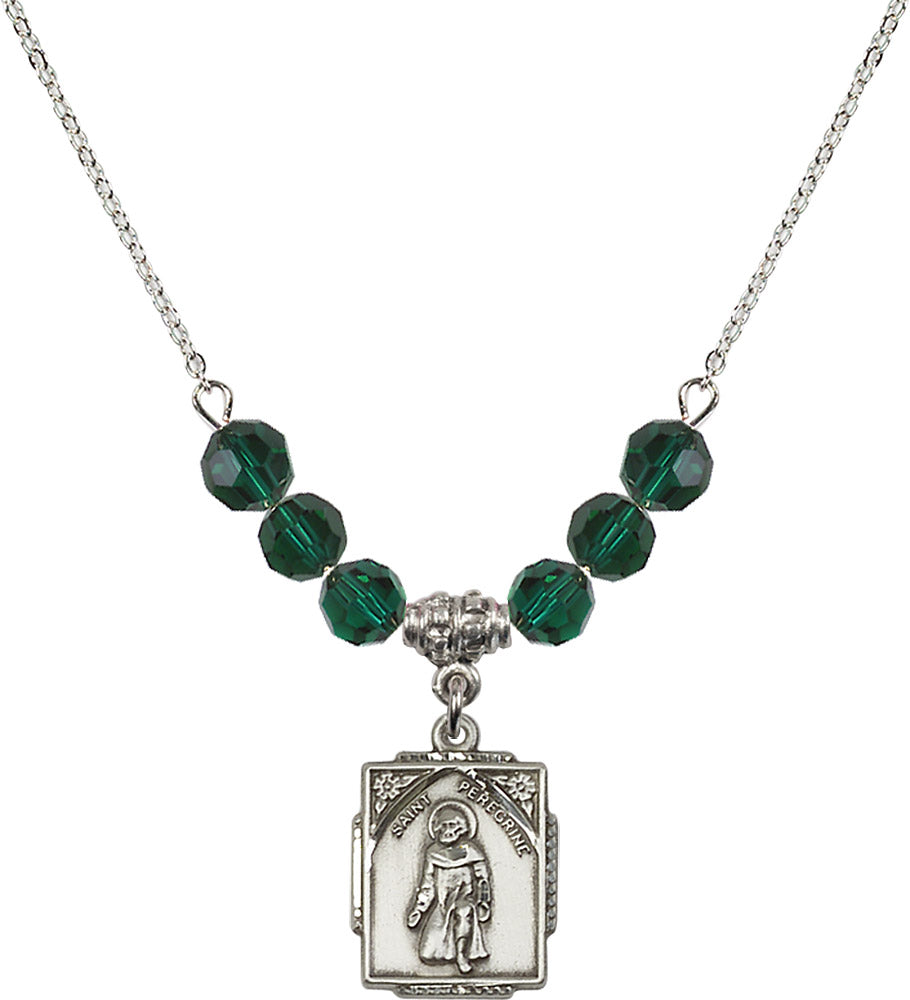 Sterling Silver Saint Peregrine Birthstone Necklace with Emerald Beads - 0804