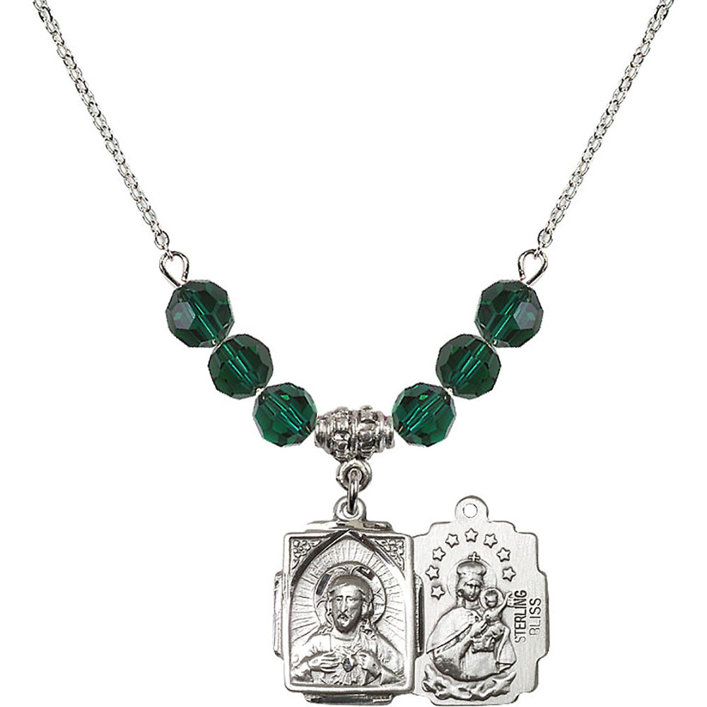 Sterling Silver Scapular Birthstone Necklace with Emerald Beads - 0804